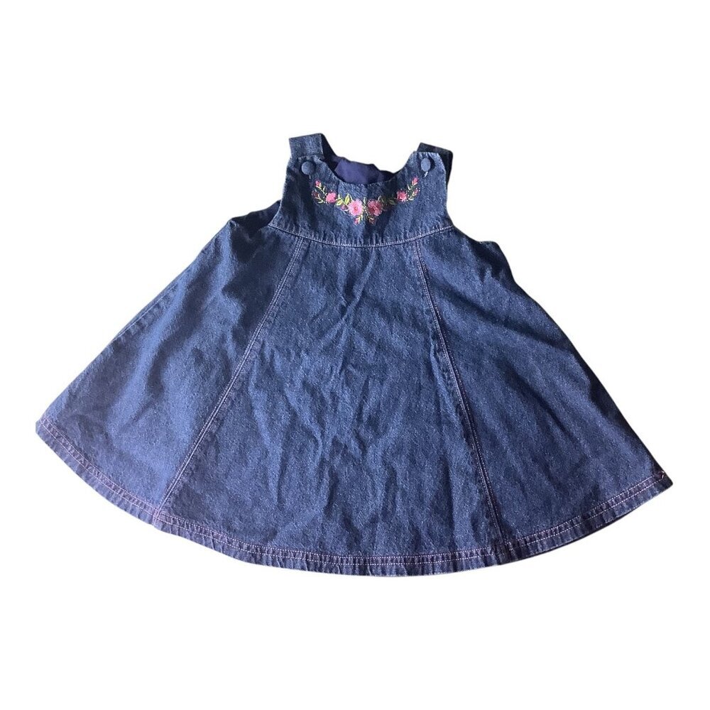 Vintage Y2K‎ Blue Denim Jean Jumper Dress Embroidered Flowers 18M Sleeveless